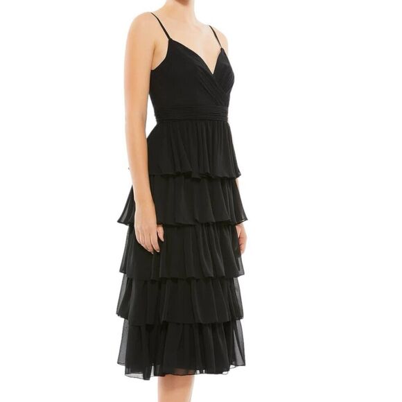 Mac Duggal Dress 0 Black RUFFLE LAYERED V-NECK MIDI Spaghetti Strap Ruched 55437 - Picture 2 of 4